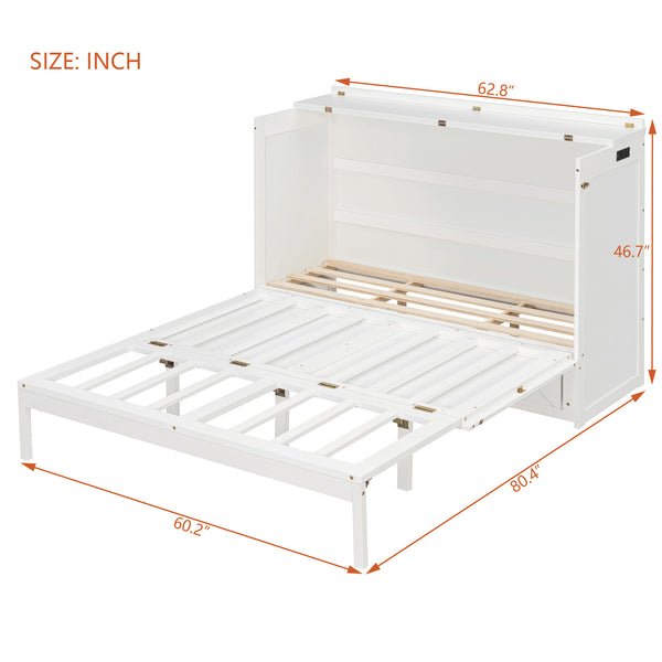 English Elm Queen Murphy Wall Bed Cabinet with Storage Drawer Built-in Power Outlets Usb Ports White LP000400AAK-1