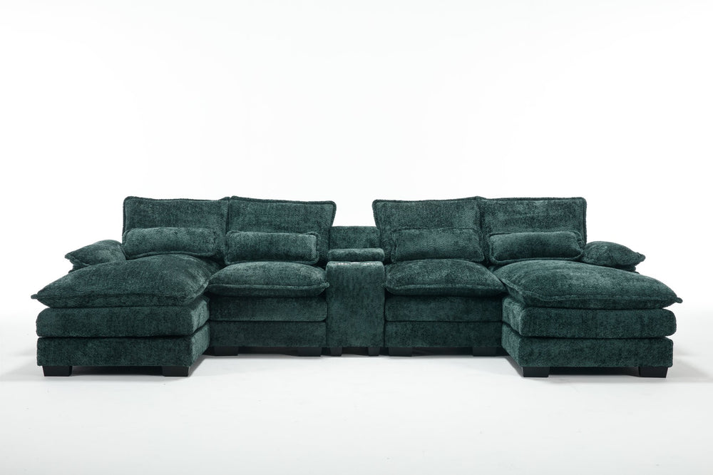 English Elm Modern U-Shaped Sofa With Console, Usb Ports & Cupholders – 6-Seat Chenille Sleeper Couch In Green W2100S00279
