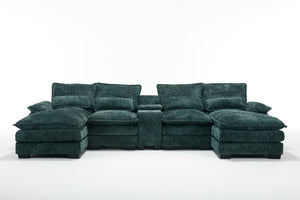 English Elm Modern U-Shaped Sofa With Console, Usb Ports & Cupholders – 6-Seat Chenille Sleeper Couch In Green W2100S00279