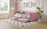 English Elm Twin Size Tufted Upholstered Daybed With Trundle, Velvet Sofabed With Rivet Design, No Box-Spring Needed,Pink