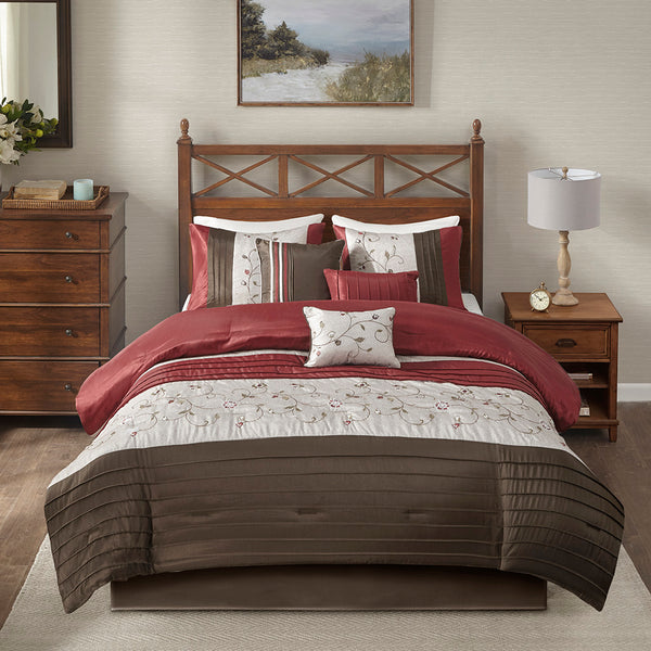 JLA Home Madison Park - Embroidered 7-Piece Comforter Set with Dupioni Sheen, Color-Blocked Taupe & Chocolate Accents, Floral Embroidery Red MP10-307