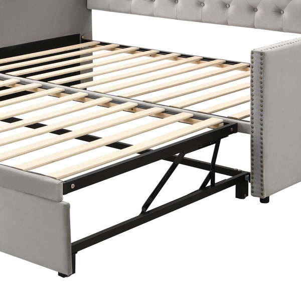 English Elm Twin Upholstered Daybed with Pop-Up Trundle, Space-Saving Guest Bed with Slats, Hydraulic Wheels, 81.9" L Gray SF000133AAE