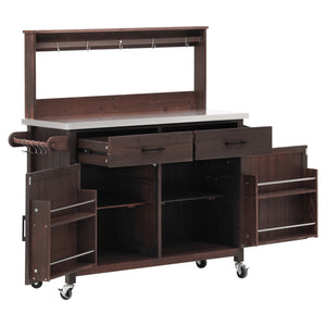 English Elm K&k Solid Fir Grill Cart Stainless Steel Top Outdoor Kitchen Station with Locking Wheels Brown N707P409087Z