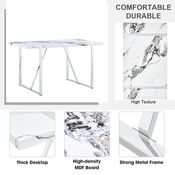 English Elm 7 Piece Faux Marble Dining Set with 55" Table and 6 Ergonomic PU Leather Chairs, Sturdy Modern Design SQ000750AAK