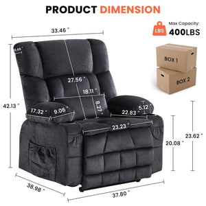 English Elm Dual Motor Large Power Lift Recliner Chair with Waist Kneading & Heat, Extended Footrest, USB Ports Grey W1521S00072