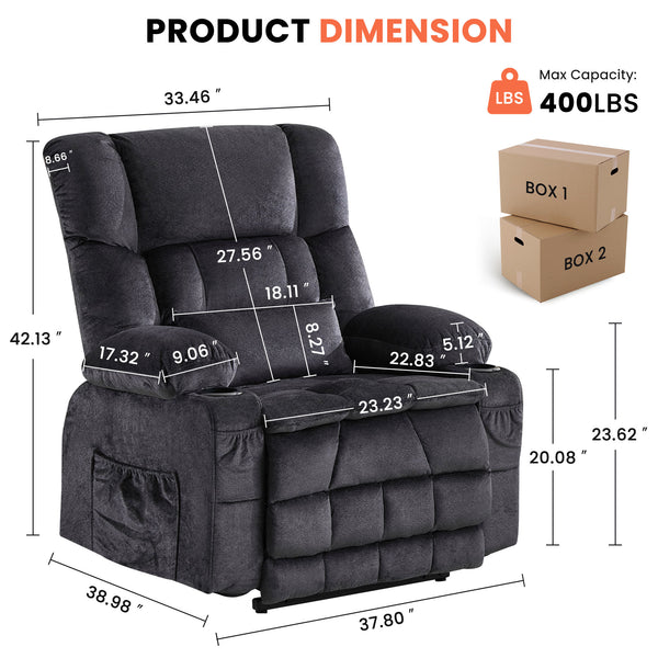 English Elm Dual Motor Large Power Lift Recliner Chair with Waist Kneading & Heat, Extended Footrest, USB Ports Grey W1521S00072