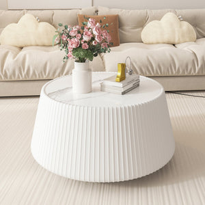 English Elm Light Sintered Stone Top Round Coffee Table with Sculpted Leather Base for Living Room Cream White,Grey W3081P367595