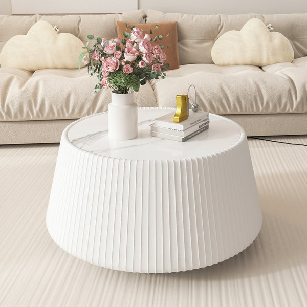 English Elm Light Sintered Stone Top Round Coffee Table with Sculpted Leather Base for Living Room Cream White,Grey W3081P367595