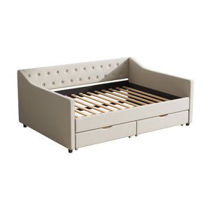 English Elm Full Size Upholstered Daybed With Storage Drawers - Elegant Tufted Sofa Bed In Beige For Versatility W2336S00034