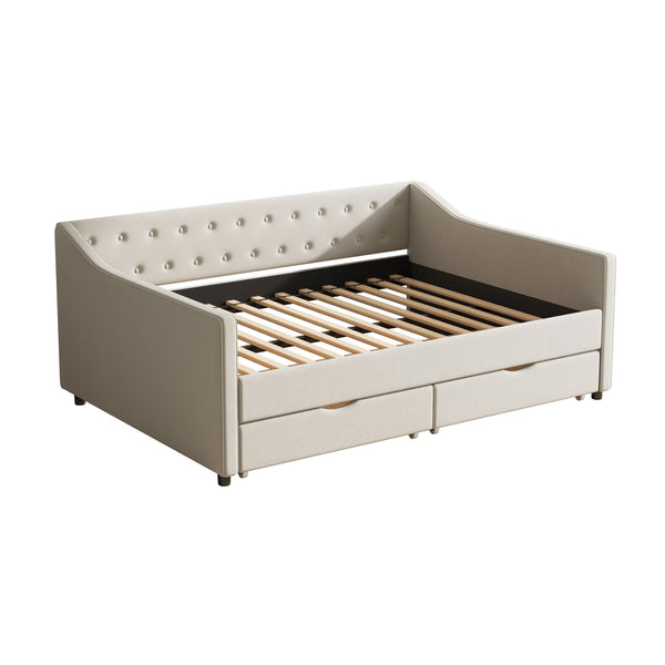 English Elm Full Size Upholstered Daybed With Storage Drawers - Elegant Tufted Sofa Bed In Beige For Versatility W2336S00034