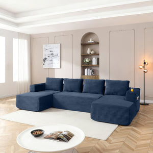 English Elm 132" Modular U-shaped Cloud Sectional Corduroy Deep Seat Sofa with Cupholders W1117S00345