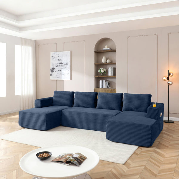 English Elm 132" Modular U-shaped Cloud Sectional Corduroy Deep Seat Sofa with Cupholders W1117S00345