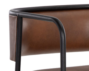 Sunpan Brenan Counter Stool - Elegant Curved Backrest, Unique Faux Leather, Black Metal Frame & Brass Caps Bravo Cognac