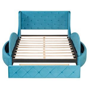 English Elm Upholstered Queen Platform Bed Velvet Wingback Storage Drawer with Side Stools LP100815AAC
