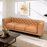 English Elm 92.52 Inch Genuine Leather Couch 3-Seater Sofa With Tufted Back,Grain Leather Couch With Feather,Comfy Sofa For Living Room Apartment, Comfy Sofa Couch With Extra Deep Seats,Tan