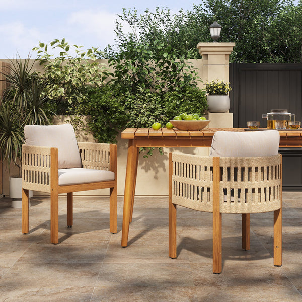 English Elm Acacia Wood Outdoor Dining Chair Set with Rope Arms and Waterproof Cushions N779P279983M