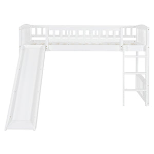 English Elm Twin Loft Bed with Built in Slide Ladder Pine Wood Frame Kids Bedroom White N708P242135K