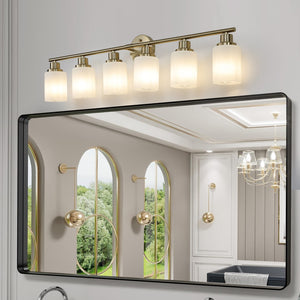 English Elm 6-Light Golden Bathroom Vanity Light Fixture, Frosted Glass Shades, Modern Wall Mounted Lighting (No Bulbs)