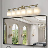 6-Light Golden Bathroom Vanity Light Fixture, Frosted Glass Shades, Modern Wall Mounted Lighting