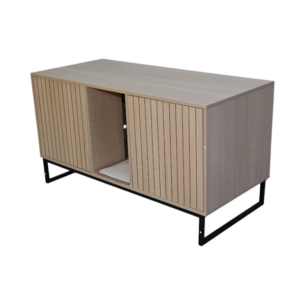 English Elm Modern Wooden Cat House with Built-In Scratching Mat, Sturdy Metal Frame, Sleek Space-Saving Design Light Brown W1412P271586