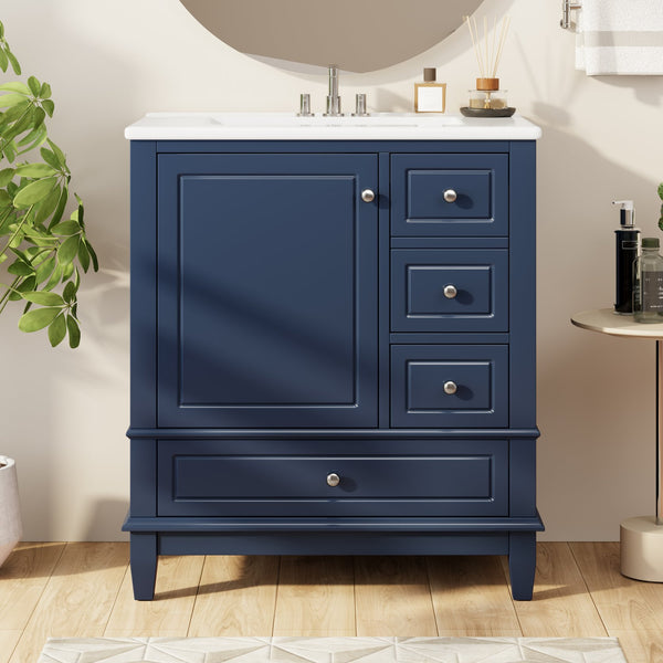 English Elm Christopher Knight Home® - 30" Freestanding Bathroom Vanity with Ceramic Sink, Soft-Close Door, Gold Knobs & 3 Drawers, Durable Painted Finish Blue N759P225994C