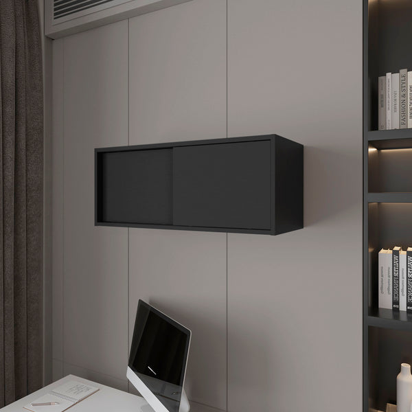 English Elm Anegam Floating Cabinet with Sliding Door for Small Spaces — Sleek Wall-Mounted Storage Solution, 31.9" W Black 34 L x 14.2 W x 3.5 H B128P244998