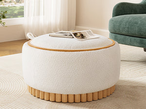 English Elm 29" Round Boucle Storage Ottoman Sculptural Wood Base Reversible Lid Living Room Beige N723P405304A