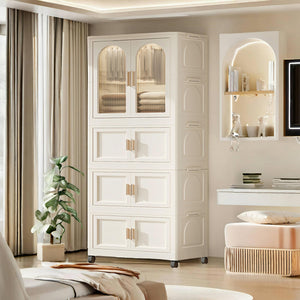 English Elm 25.59" Cream White Folding Wardrobe with Wheels, Magnetic Door, Durable PP, 1 Closet + 3 Boxes +10 Hangers W2873P239389