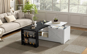 English Elm U-can Farmhouse Lift Top Coffee Table Barn Door Hidden Storage Living Room White+Black N724P351732K