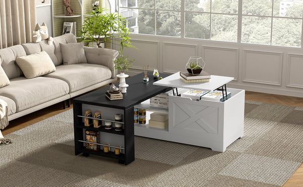 English Elm U-can Farmhouse Lift Top Coffee Table Barn Door Hidden Storage Living Room White+Black N724P351732K