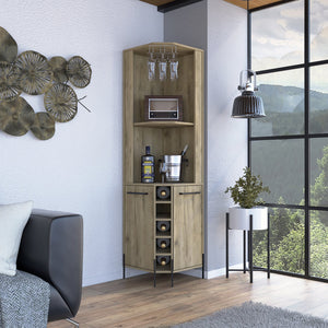 English Elm Hans Corner Bar Cabinet Macadamia Oak Finish with 5 Bottle Wine Rack, 9pc Stemware, 2 Shelves, Storage B070S00181