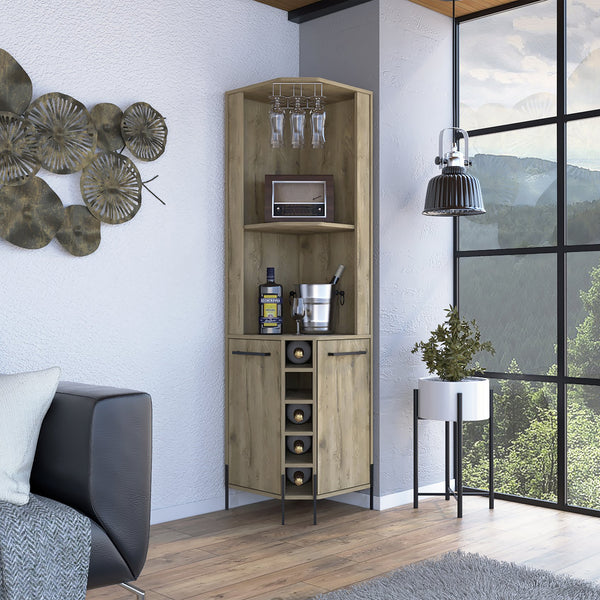 English Elm Hans Corner Bar Cabinet Macadamia Oak Finish with 5 Bottle Wine Rack, 9pc Stemware, 2 Shelves, Storage B070S00181