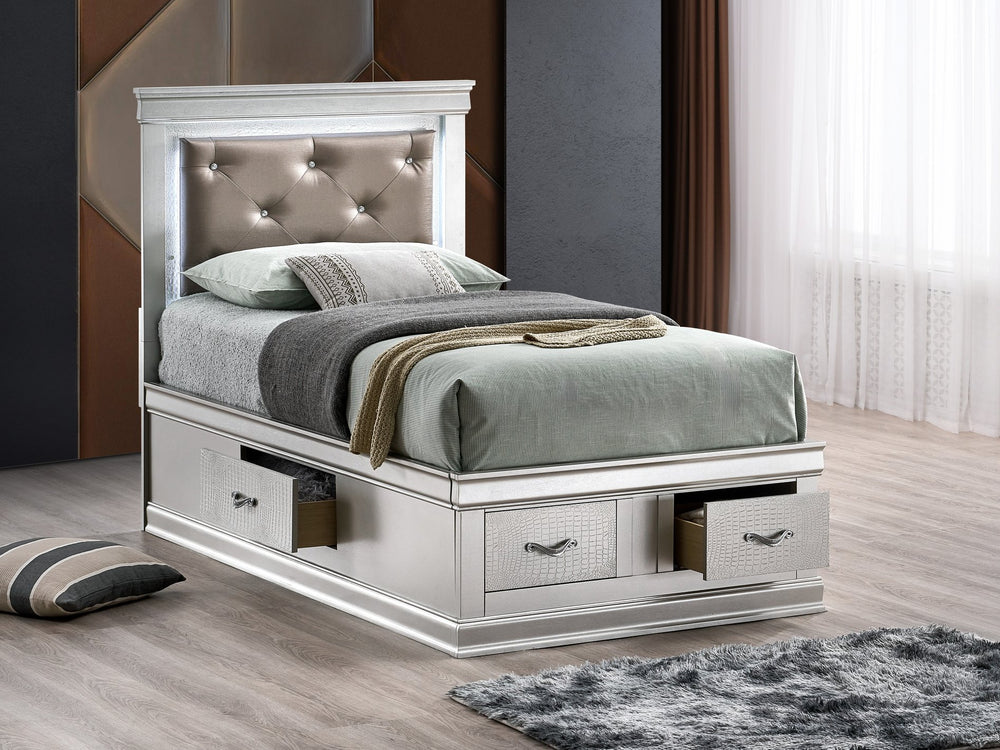English Elm Lorana Glam Twin Storage Bed with Led Lighting and Tufted Faux Leather Headboard Silver B078S00686