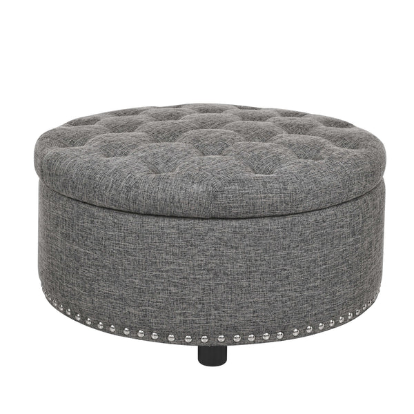 English Elm Tufted Linen Square Ottoman with Lift Top Storage Nailhead Trim Living Room Dark Gray B2748P481671