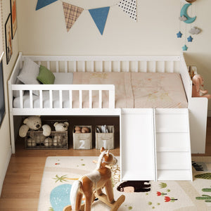 English Elm Twin Platform Kids Bed with Slide Ladder Guardrails Storage Shelf Wood Frame White N733S415411K