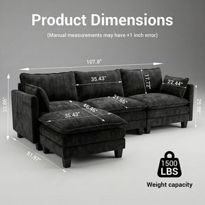 English Elm Modern Chenille Three Seat Sofa with Ottoman Usb Charging Ports and Storage Pockets Black W2519S00002