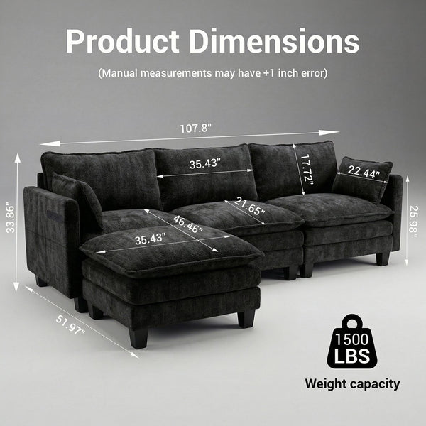 English Elm Modern Chenille Three Seat Sofa with Ottoman Usb Charging Ports and Storage Pockets Black W2519S00002