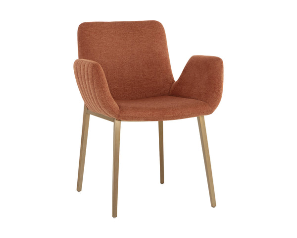 Sunpan Lucano Dining Armchair - Elegant Scooped Design with Vertical Channel Tufting and Gold Legs Belfast Rust