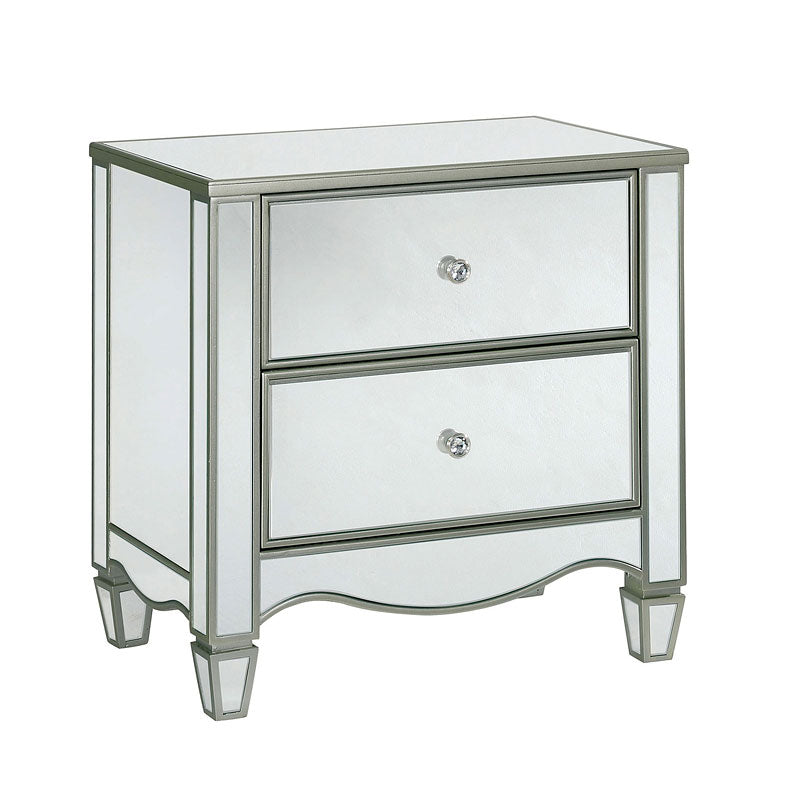 English Elm Glam Silver Finish Nightstand with Crystal Knobs, Ornate Accents & Curved Feet 28"W x 29"H B011P372217