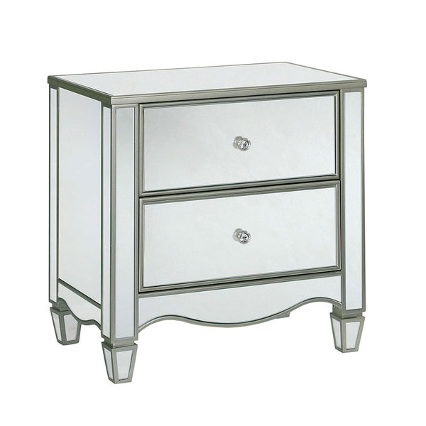 English Elm Glam Silver Finish Nightstand with Crystal Knobs, Ornate Accents & Curved Feet 28"W x 29"H B011P372217