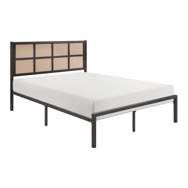 English Elm 1pc Queen Platform Bed Sanibel Metal Frame with Faux Cane Headboard Dark Finish Coastal Chic Design Bronze 66 L x 25 W x 3.75 H B011P214030