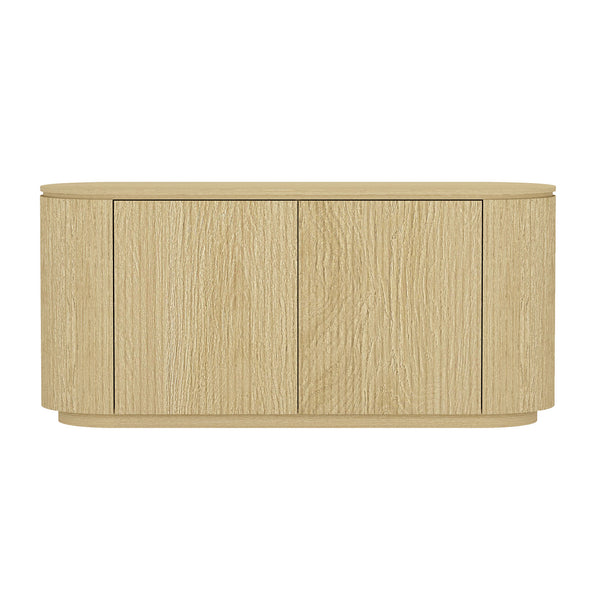 English Elm Olivia Mid-Century 60" Sideboard in Natural Oak Grain — Handle-Free Doors, Ribbed Texture, Pedestal Base B365S00113