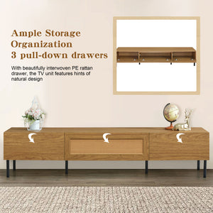 English Elm Boho Rattan TV Stand 80" Capacity, Modern Farmhouse Media Console with Metal Legs & Storage Drawers N710P206387Q