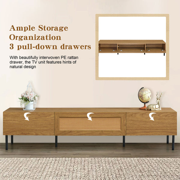 English Elm Boho Rattan TV Stand 80" Capacity, Modern Farmhouse Media Console with Metal Legs & Storage Drawers N710P206387Q