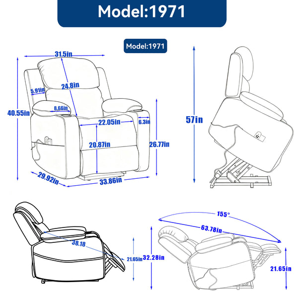 English Elm Infinite Power Lift Recliner with Massage Heat Usb Port and Cup Holders for Seniors W5029P388739