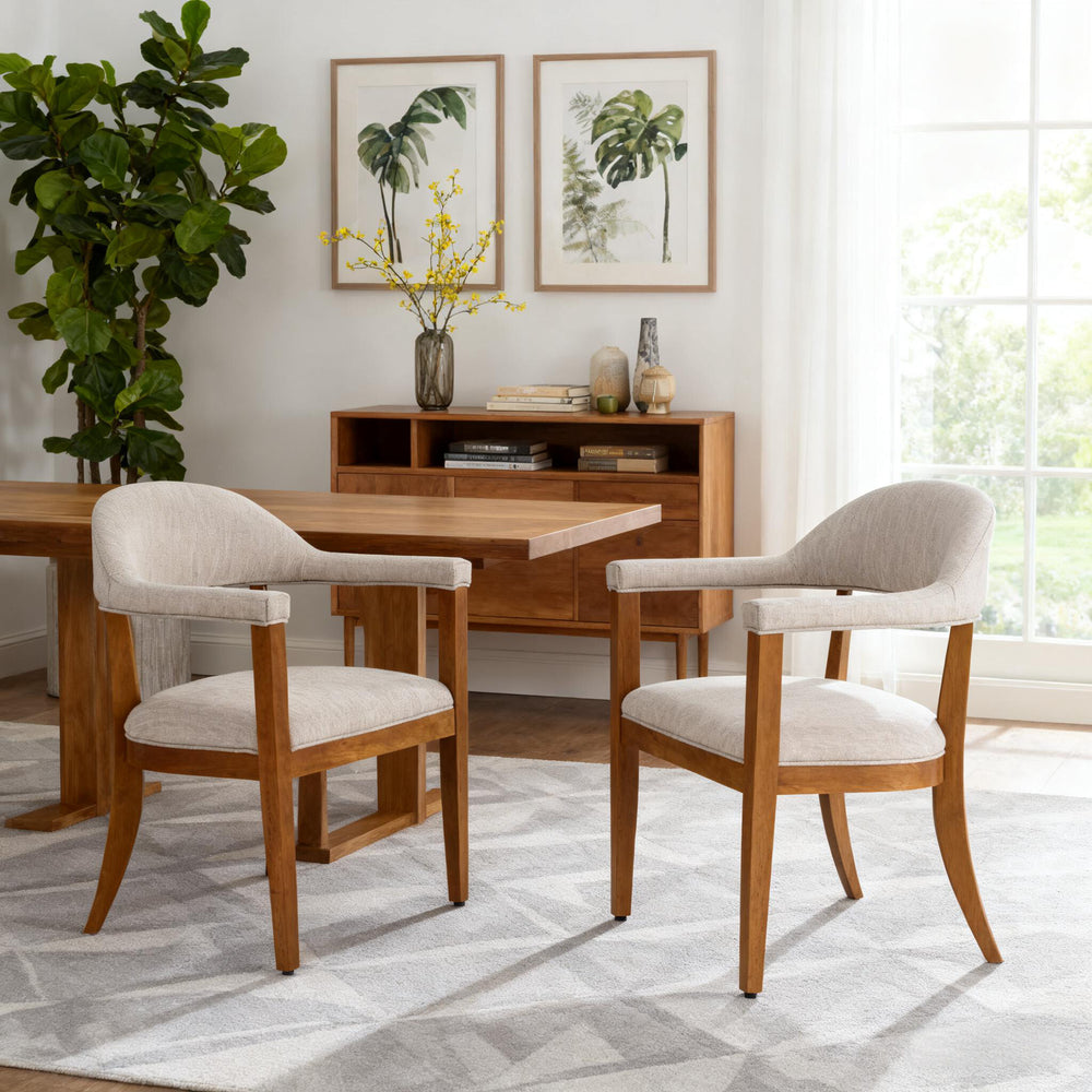 English Elm Wood Frame Upholstered Dining Chairs Set of 2 Curved Back Rubberwood Armrest Seating Beige,Walnut N768P389407W