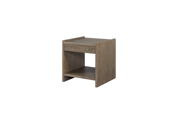 English Elm End Table Cocoa Solid Wood & MDF, Weathered Brown Finish, Soft-Close Drawer, Open Shelf Accent Piece B2699P323116
