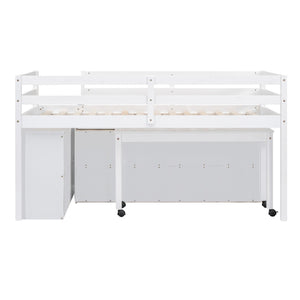 English Elm Twin Loft Bed Pinewood Frame Four Drawers Retractable Study Desk Kids Bedroom White LT000368AAK