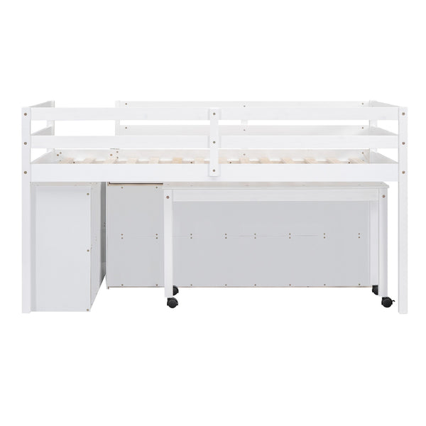 English Elm Twin Loft Bed Pinewood Frame Four Drawers Retractable Study Desk Kids Bedroom White LT000368AAK