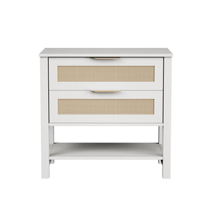 English Elm Rattan Front Boho Coastal Nightstand with Gold Pulls Open Shelf and Woven Drawer Accents White T3210P471548